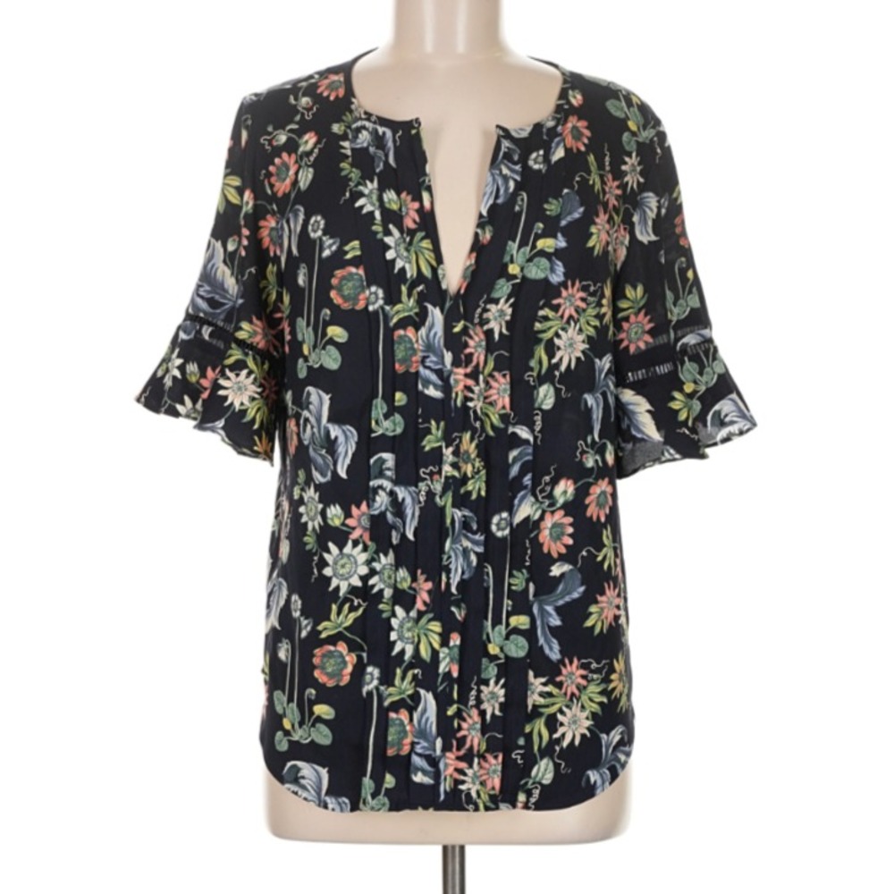 Ann Taylor Petite XSP Black Floral Pleat Front Flutter Sleeve Blouse Polyester